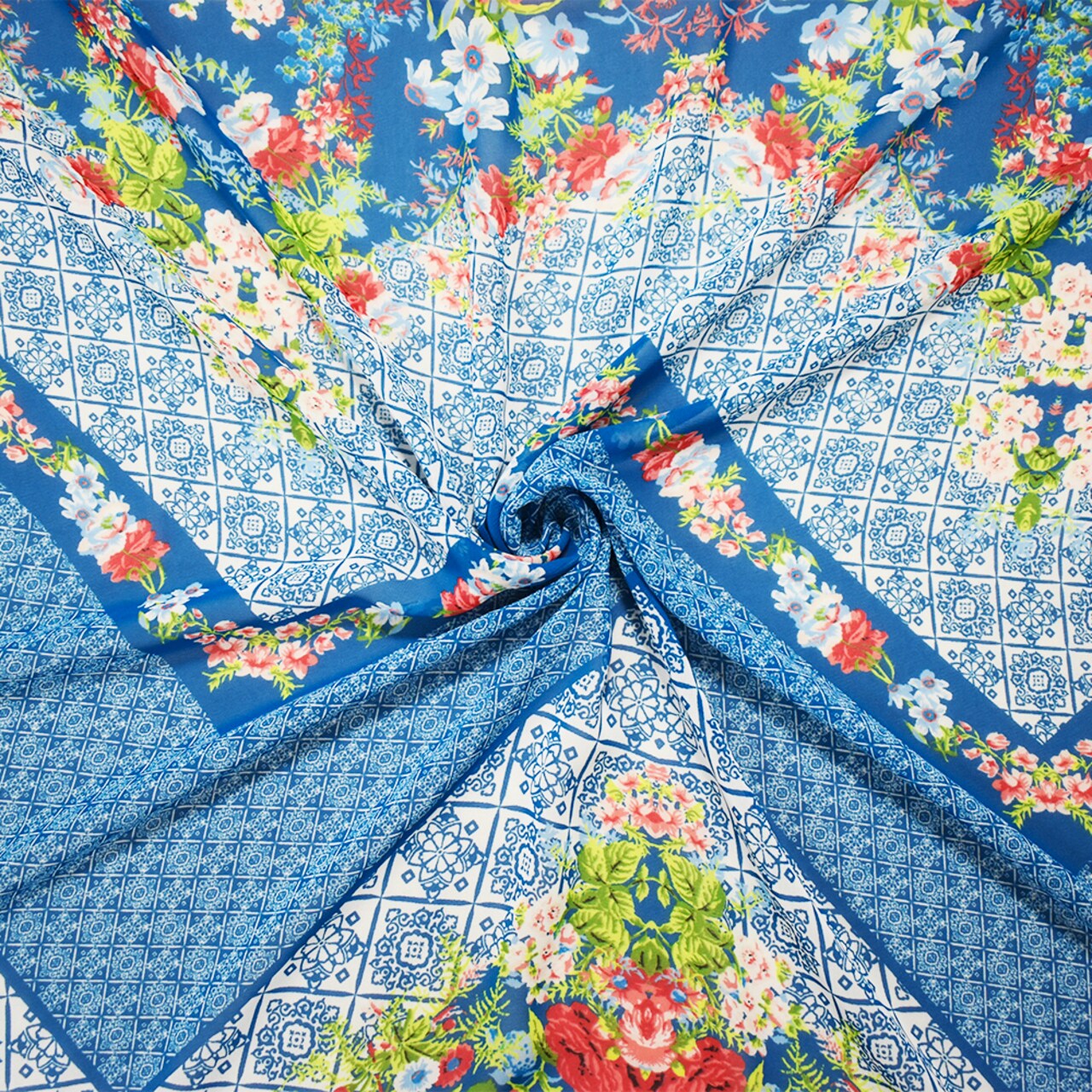 Teal Blue-Orange Multi Poly Floral Border Printed Chiffon Woven Fabric By the Yard